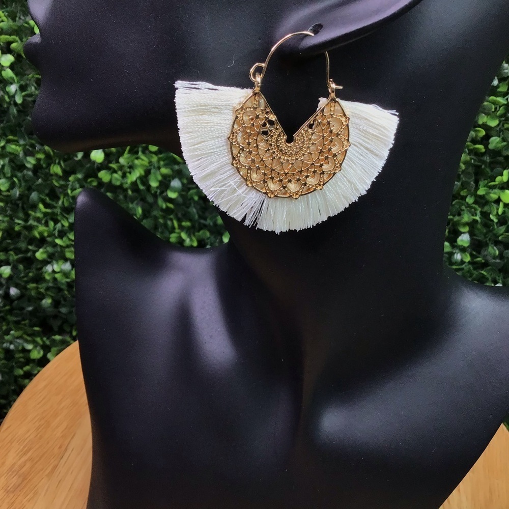 White tassel boho earrings